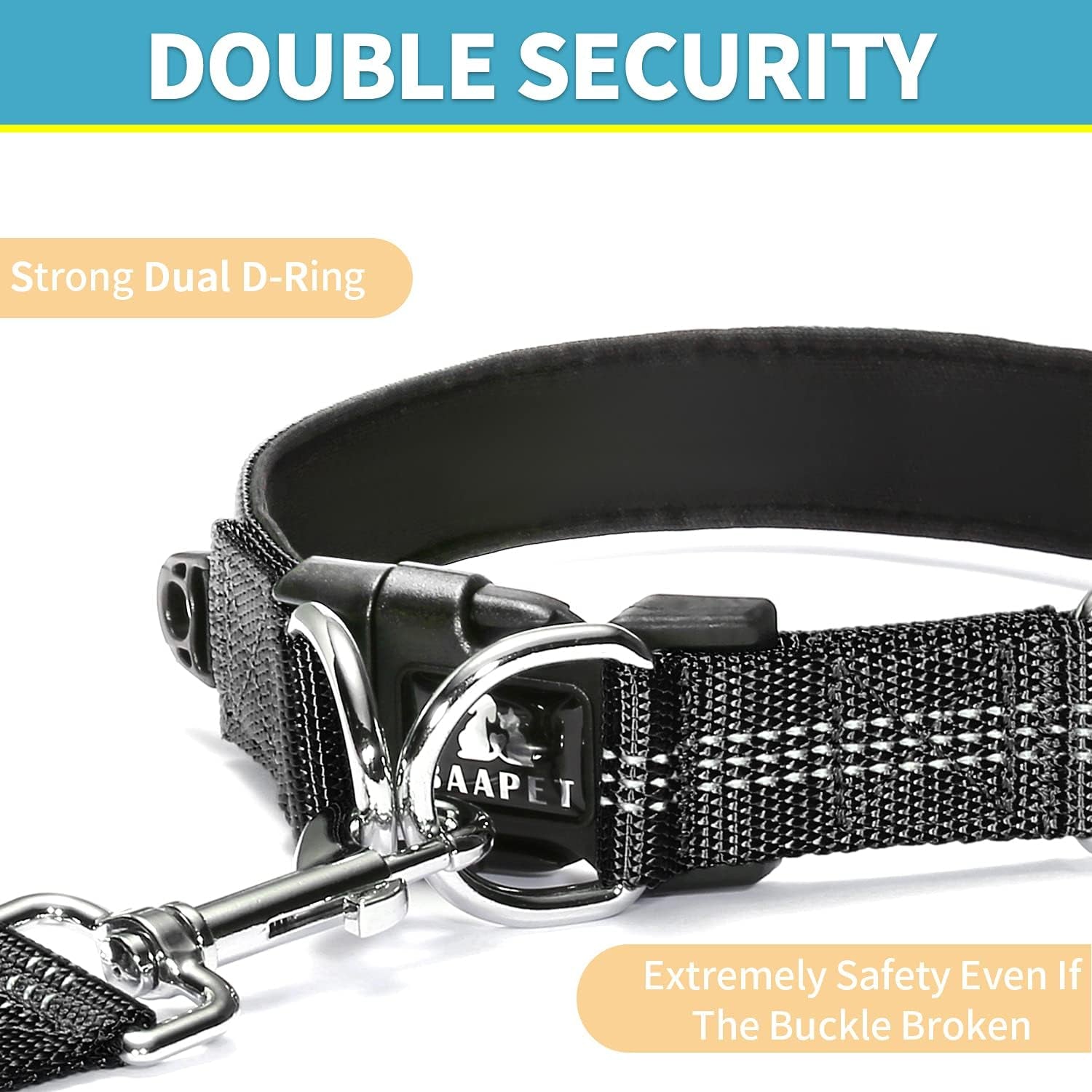 Comfortable Dog Collar with Double Security Dual D-Ring and ID Tag Hanger for Small Puppy, Medium and Large Dogs (XS - 3/4" X (9"-13"), Black)